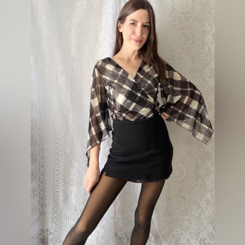 Y2K Sheer Plaid Wrap Top Bell Sleeve Tie Front 2000s